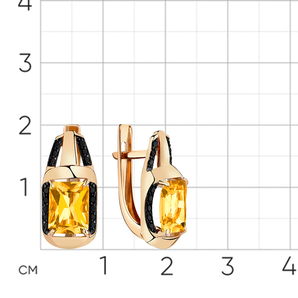 Серьги из красного золота с камнями Фианит Чёрный, Цитрин