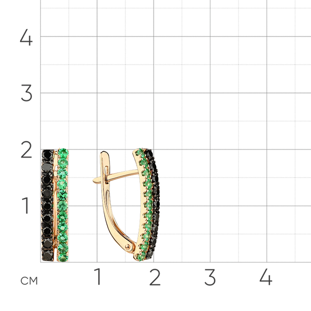 Серьги из красного золота с камнями Черный бриллиант, Изумруд