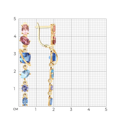 Серьги Длинные из красного золота с камнями Ситалл сапфир (синт.), Ситалл (синт.) розовый и Ситалл (синт.)