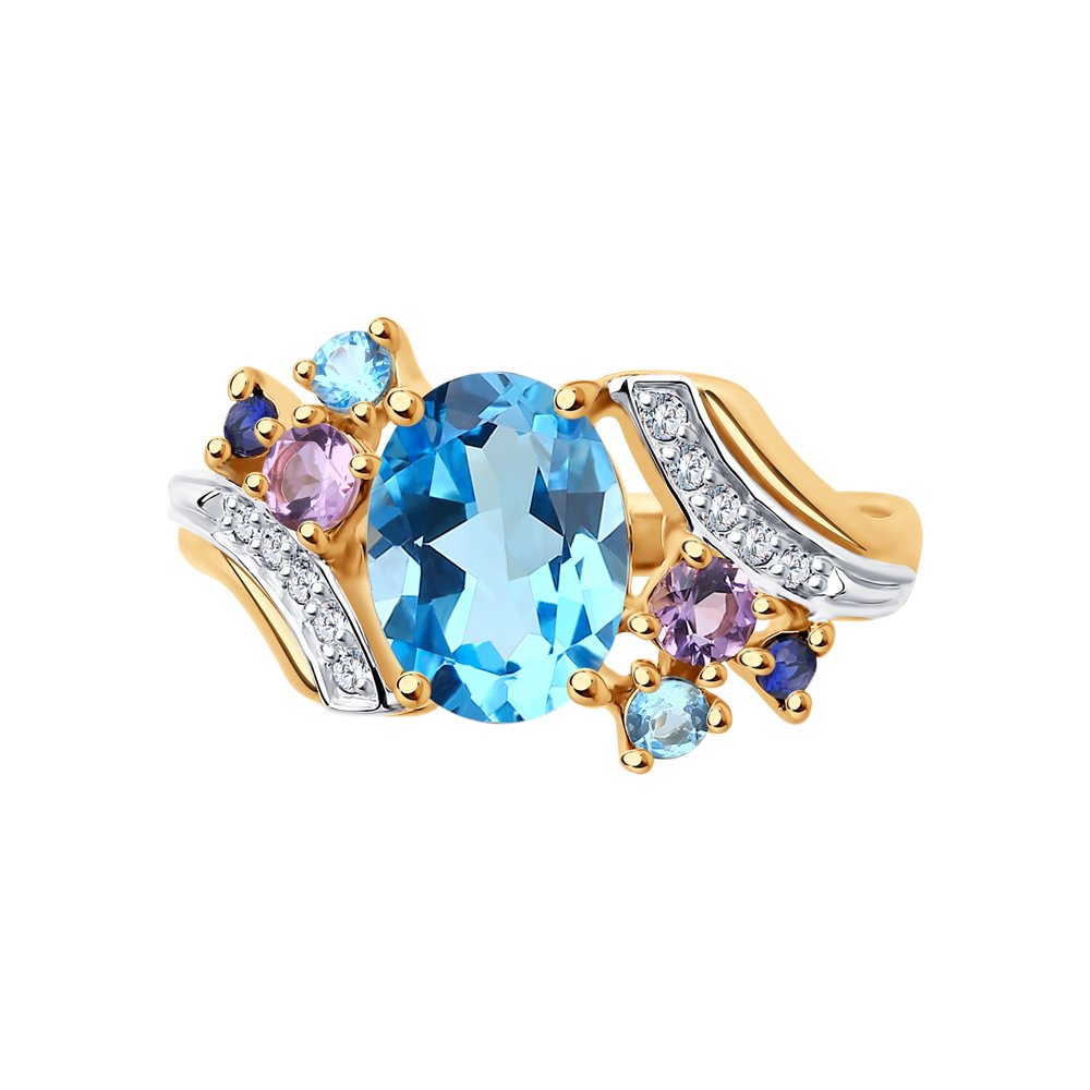 Inel din aur roșu cu pietre Cubic Zirconia Incolor, Cubic Zirconia Albastru Safir și Topaz Swiss