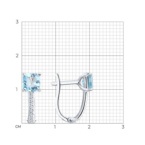 Серьги из белого золота с камнями Фианит, Топаз голубой