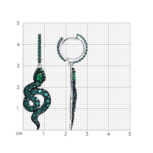 Серьги Конго из серебра с камнями Фианит Зелёный