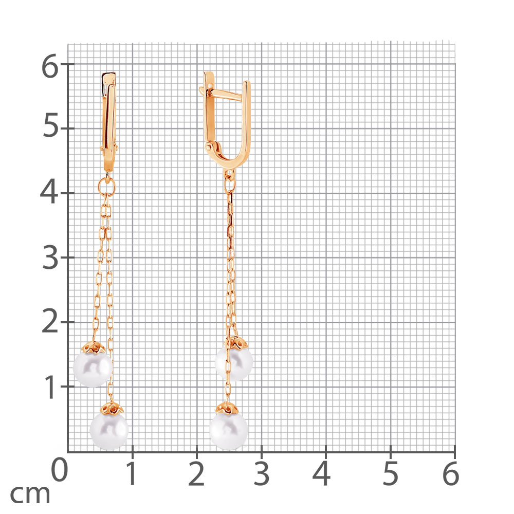 Серьги Длинные из красного золота с камнями Жемчуг белый