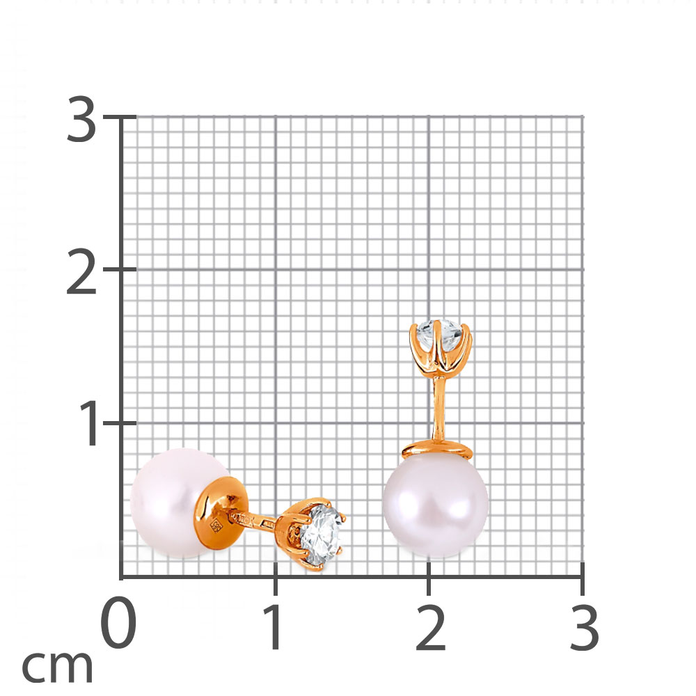 Серьги Пусеты из красного золота с камнями Фианит, Жемчуг белый