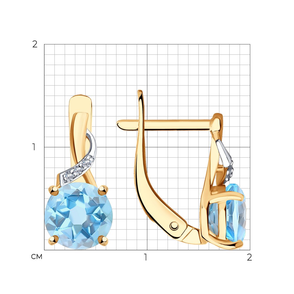 Серьги из красного золота с камнями Бриллиант, Топаз голубой