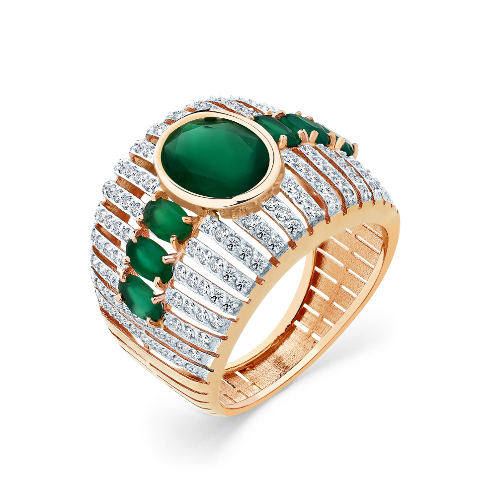 Inel din aur roșu cu pietre Cubic Zirconia Incolor, Agat verde