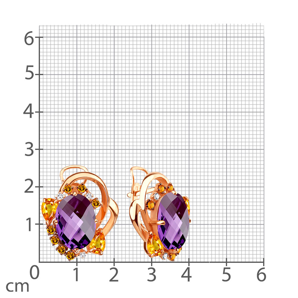 Серьги из красного золота с камнями Фианит, Цитрин и Аметист