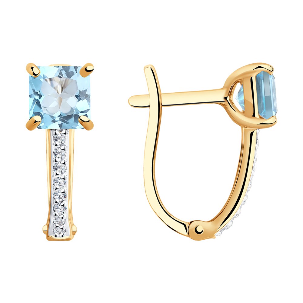 Cercei din aur roșu cu pietre Cubic Zirconia Incolor, Topaz albastru