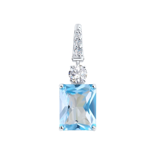 Pandantiv din aur alb cu pietre Cubic Zirconia Incolor, Topaz albastru