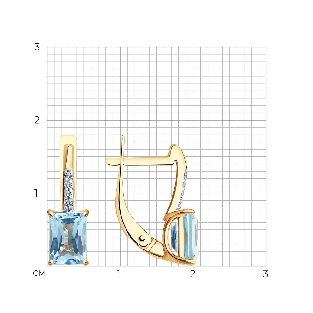 Серьги из красного золота с камнями Бриллиант, Топаз голубой