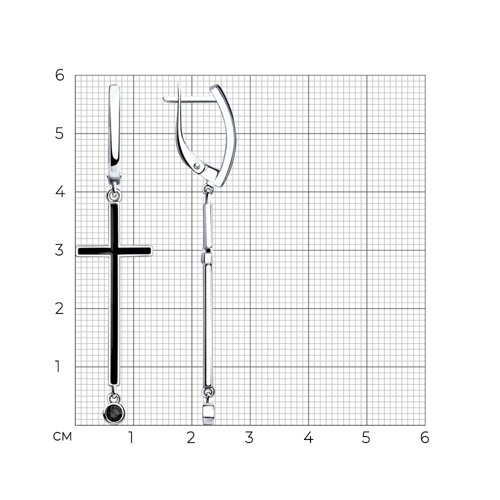Серьги Длинные из серебра с камнями Фианит Чёрный, Эмаль