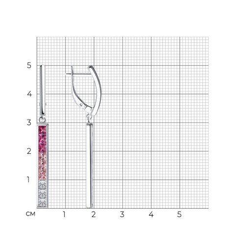 Серьги Длинные из серебра с камнями Фианит, Фианит Розовый и Корунд в цвете рубина