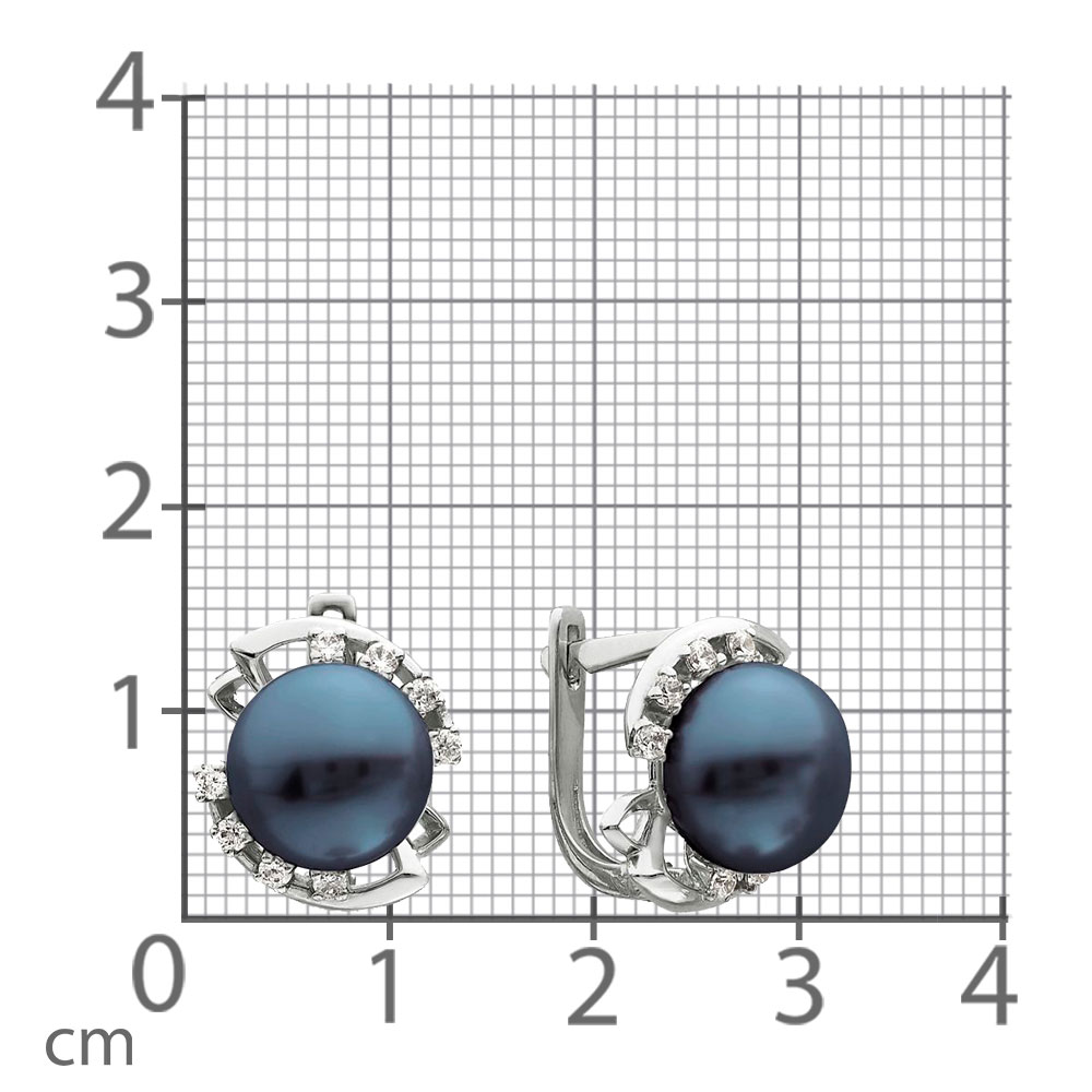 Серьги из белого золота с камнями Фианит, Жемчуг черный