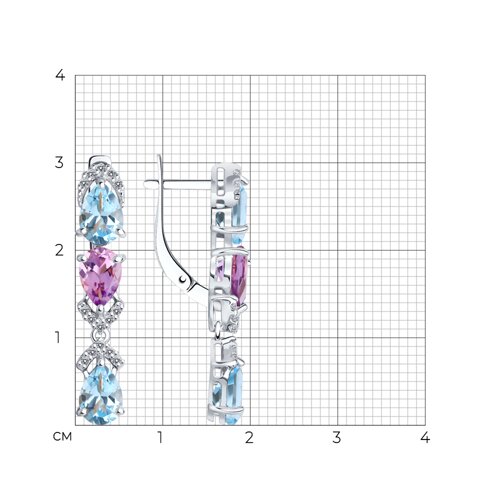 Серьги из серебра с камнями Фианит, Аметист и Топаз голубой