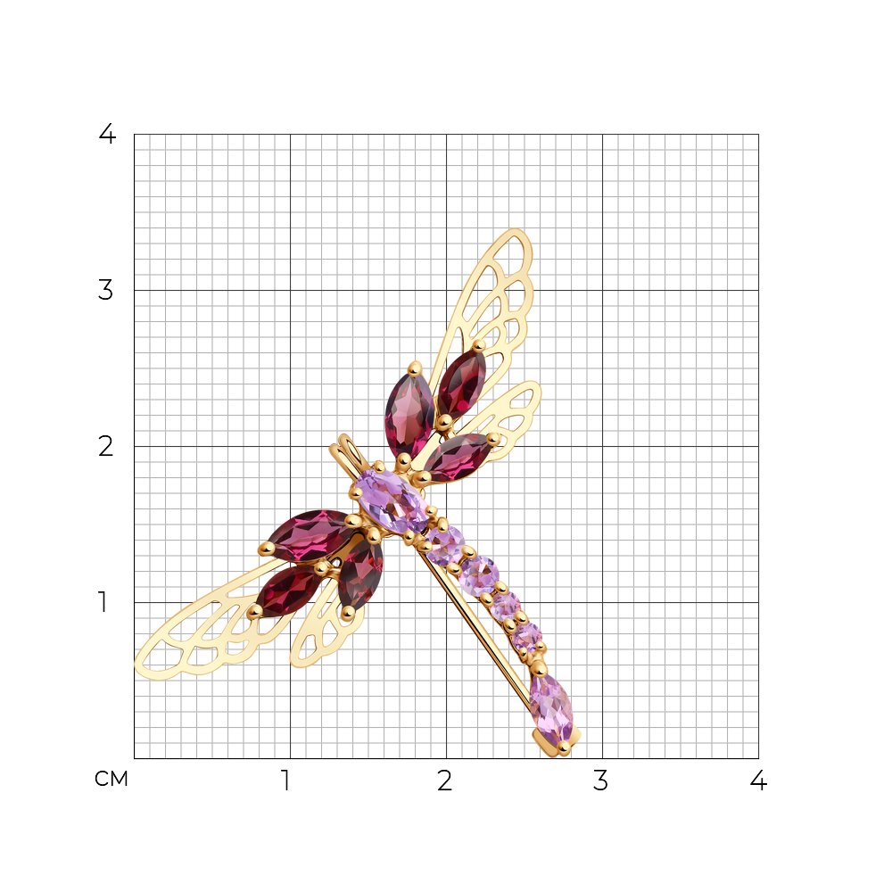 Брошь из красного золота с камнями Аметист, Родонит