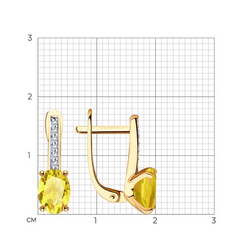 Серьги из красного золота с камнями Фианит, Цитрин