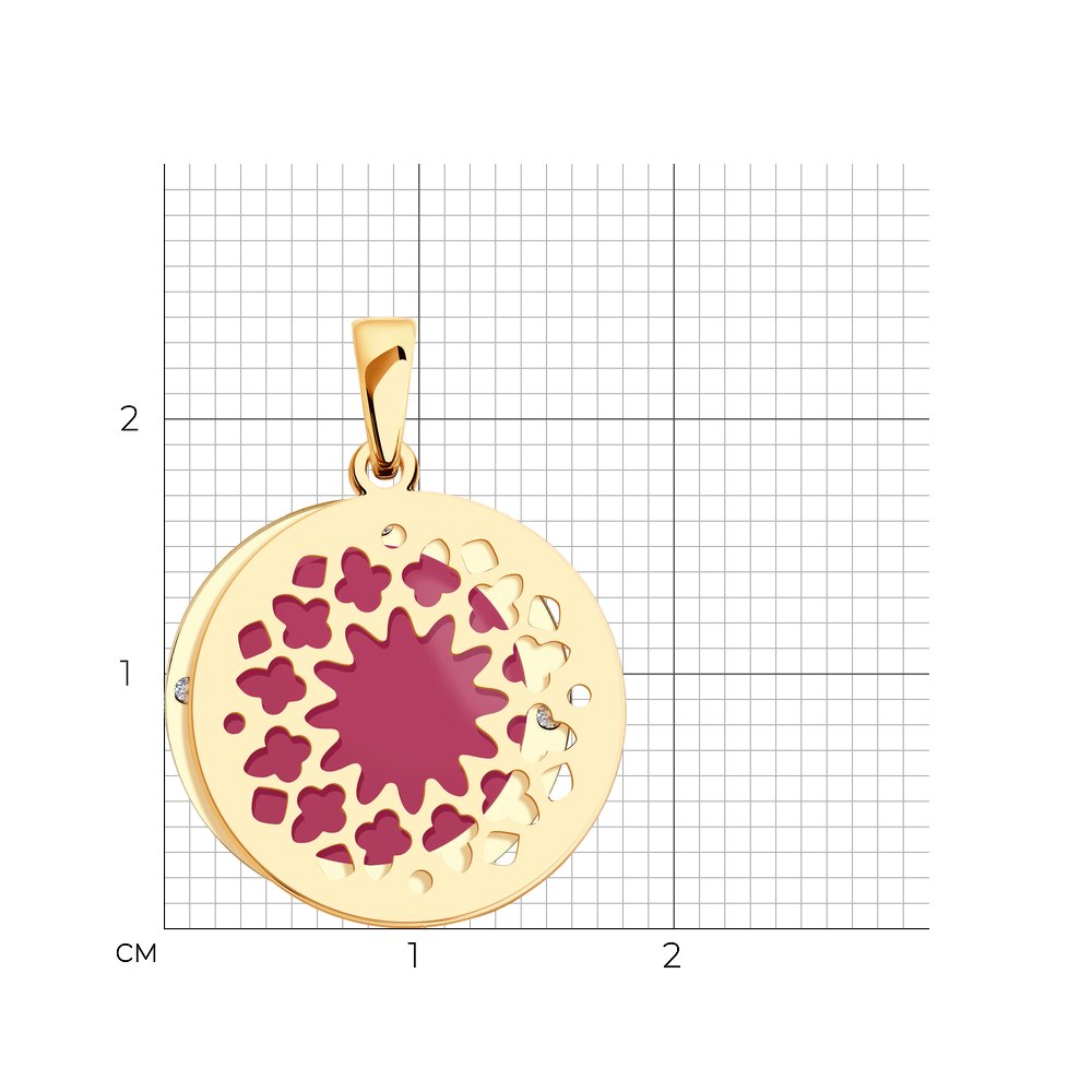 Подвеска из красного золота с камнями Фианит, Эмаль красная