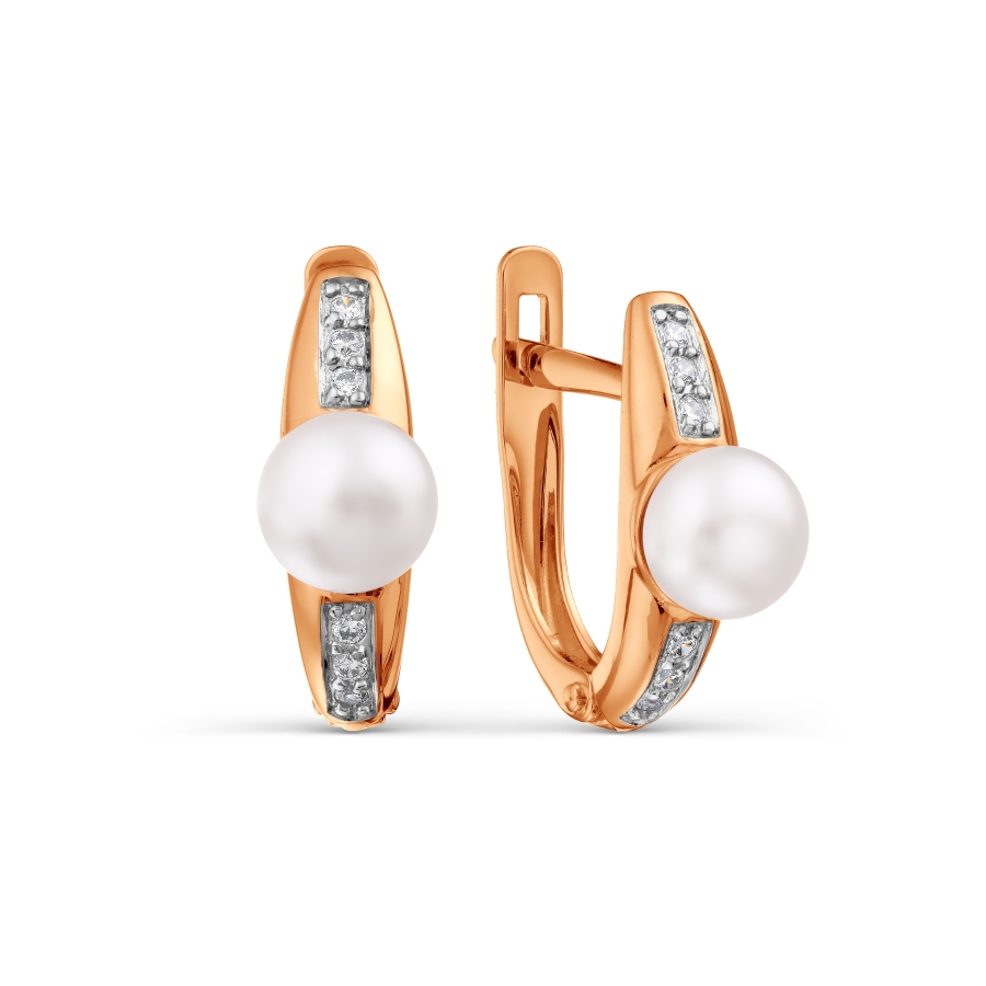 Cercei din aur roșu cu pietre Cubic Zirconia Incolor, Perla Albă
