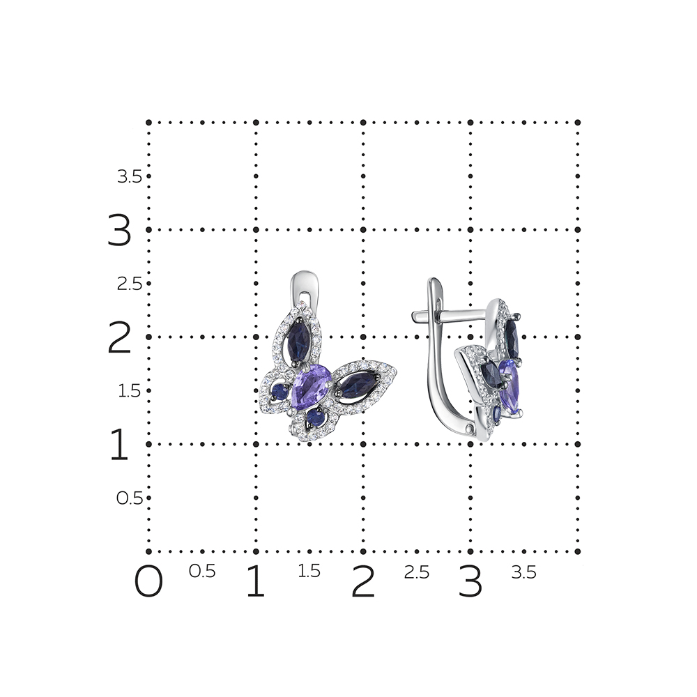 Серьги из белого золота с камнями Бриллиант, Танзанит и Сапфир