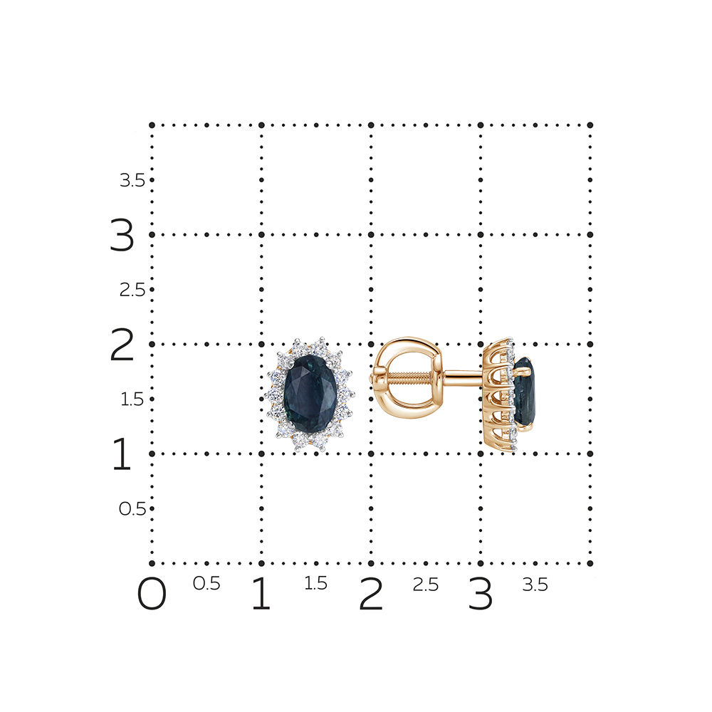 Серьги Пусеты из красного золота с камнями Бриллиант, Сапфир