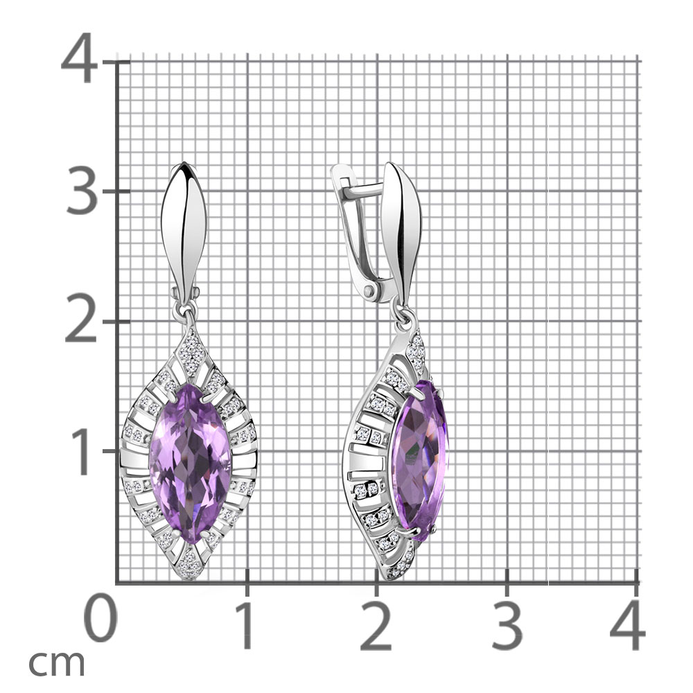 Серьги Длинные из серебра с камнями Фианит, Аметист