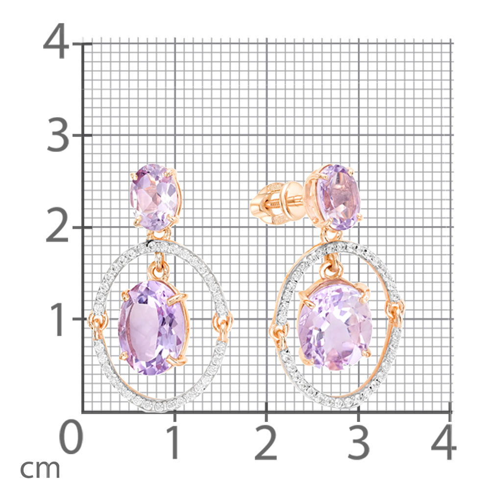 Серьги Пусеты из красного золота с камнями Фианит, Аметист