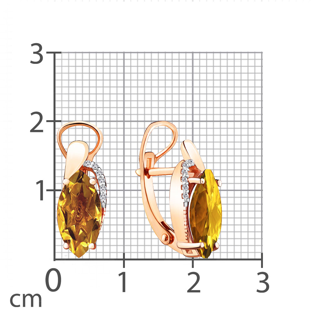 Серьги из красного золота с камнями Фианит, Цитрин