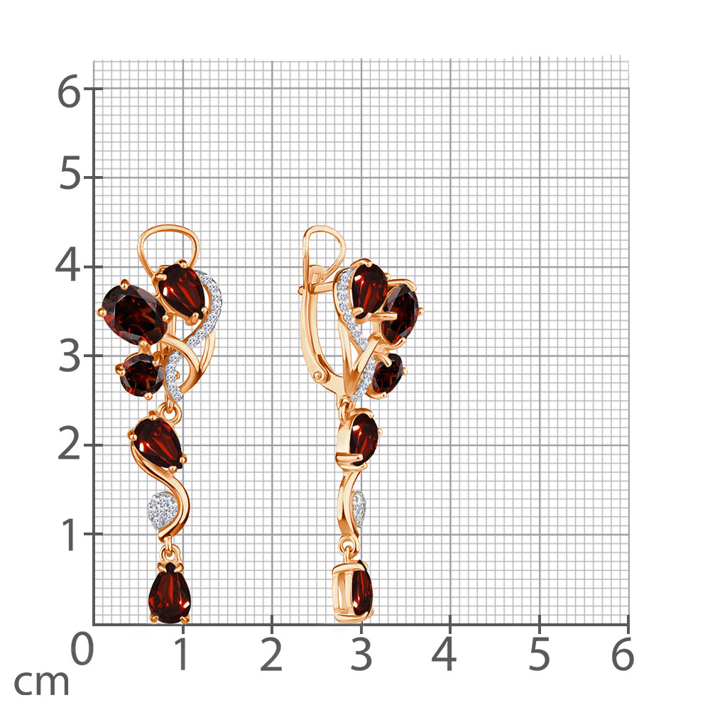 Серьги Длинные из красного золота с камнями Фианит, Гранат
