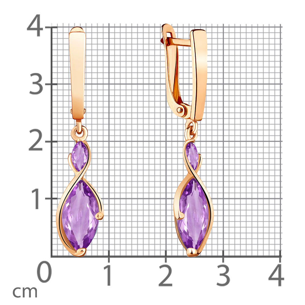 Серьги Длинные из красного золота с камнями Аметист