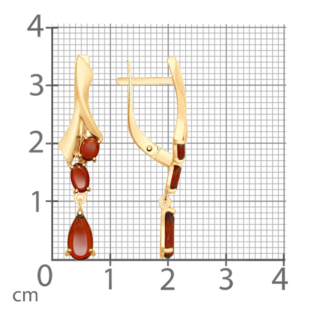 Серьги Длинные из красного золота с камнями Гранат