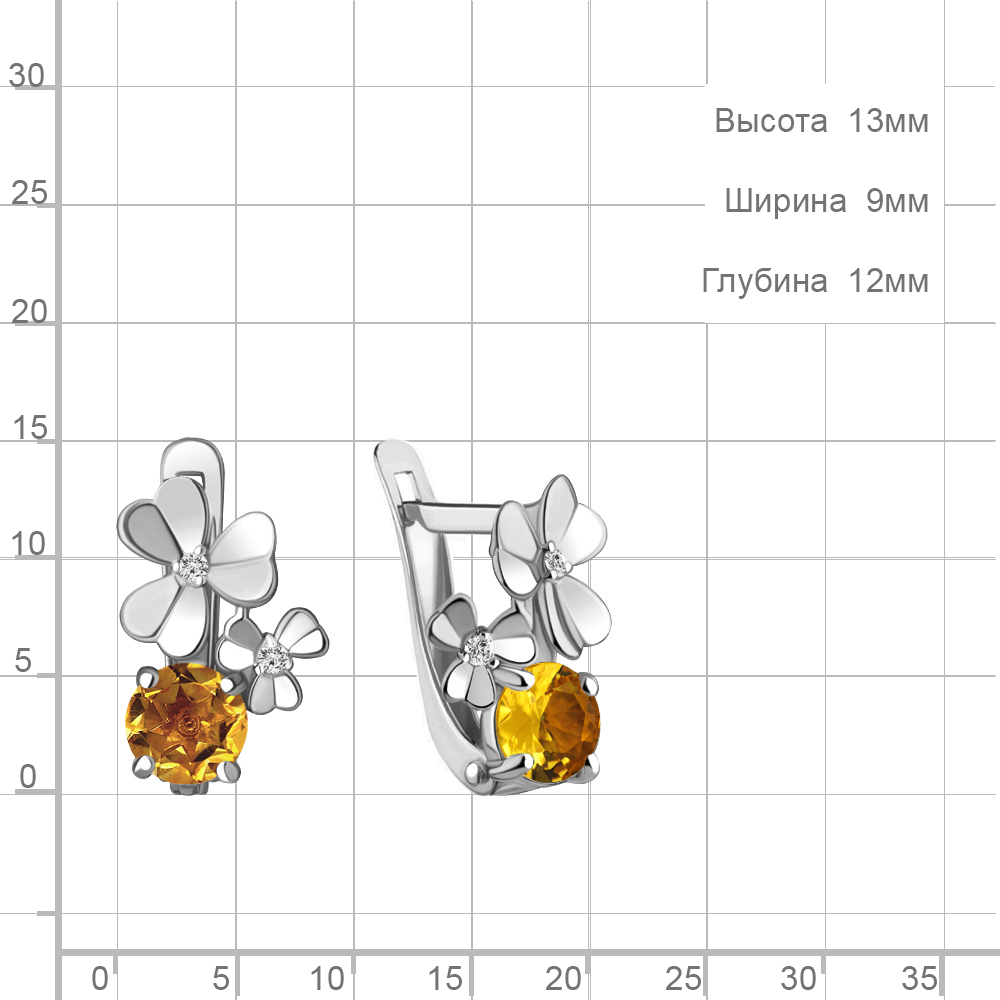 Серьги из серебра с камнями Фианит, Цитрин