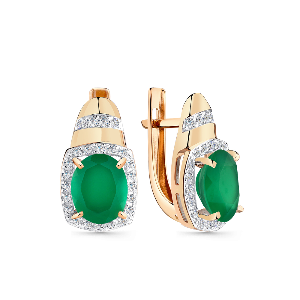 Cercei din aur roșu cu pietre Cubic Zirconia Incolor, Agat verde