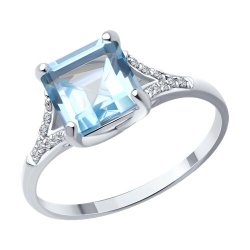 Inel din aur alb cu pietre Diamant, Topaz albastru