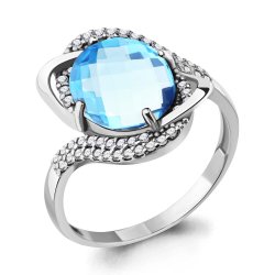 Inel din aur alb cu pietre Cubic Zirconia Incolor, Topaz albastru