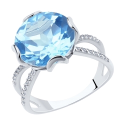 Inel din aur alb cu pietre Cubic Zirconia Incolor, Topaz albastru