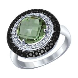 Inel din argint  cu pietre Cubic Zirconia Incolor, Cubic Zirconia Negru și Cuart Verde (sint.)