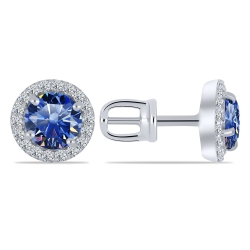 Cercei Pusete din aur alb cu pietre Moissanite, Moissanit albastru safir