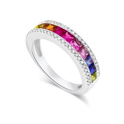 Inel din aur alb cu pietre Diamant, Safire multicolore