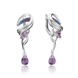 Серьги Длинные из серебра с камнями Аметист, Эмаль