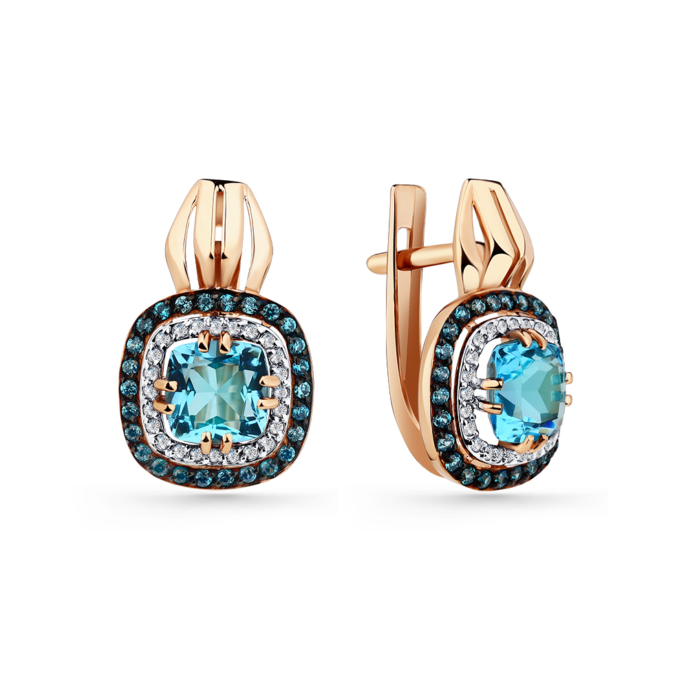 Cercei din aur roșu cu pietre Cubic Zirconia Incolor, Cubic Zirconia Albastru și Topaz Swiss sital