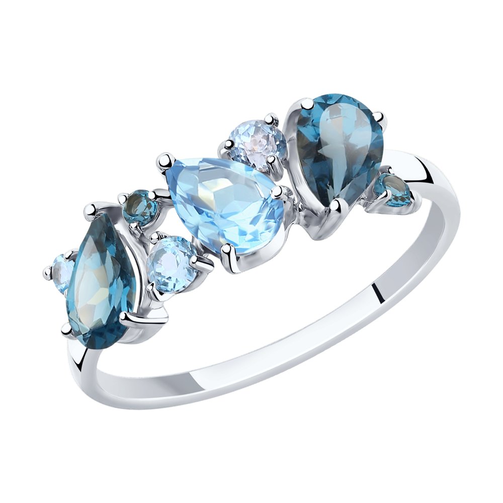 Inel din aur alb cu pietre Cubic Zirconia Albastru Safir, Topaz London și Topaz Swiss