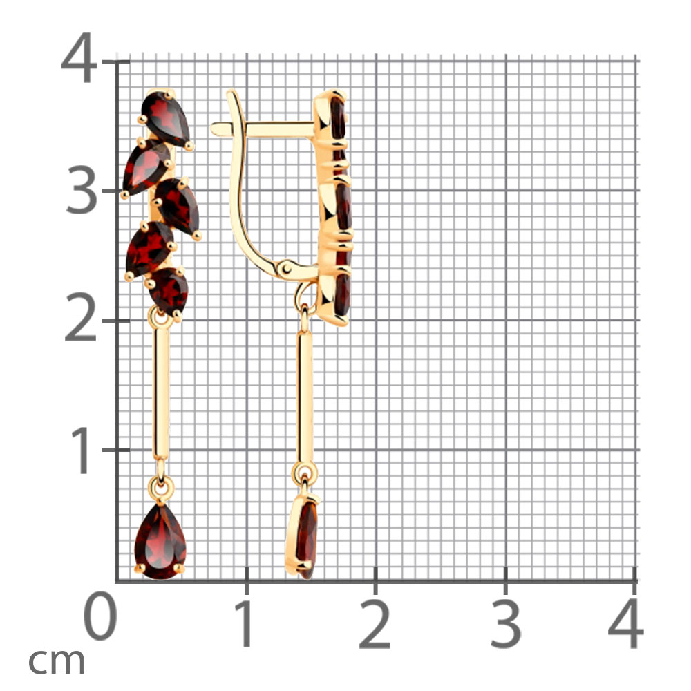 Серьги Длинные из красного золота с камнями Гранат