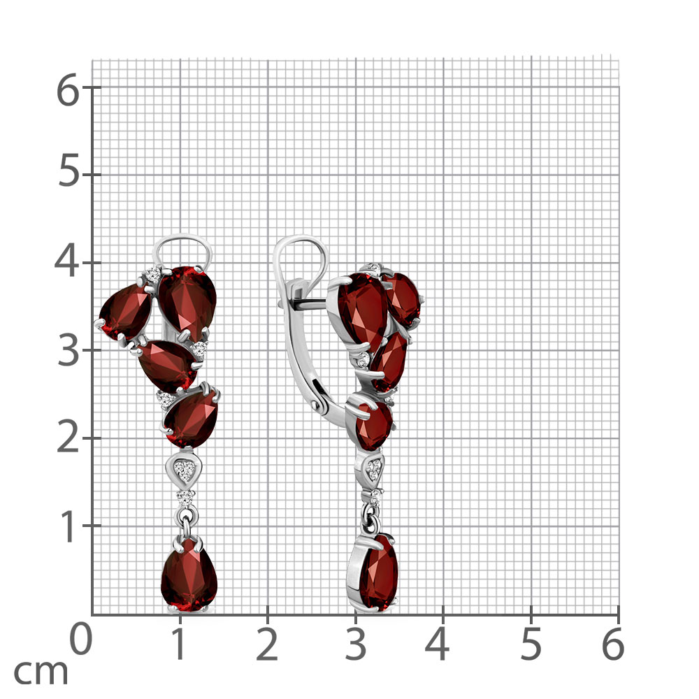 Серьги Длинные из серебра с камнями Фианит, Гранат